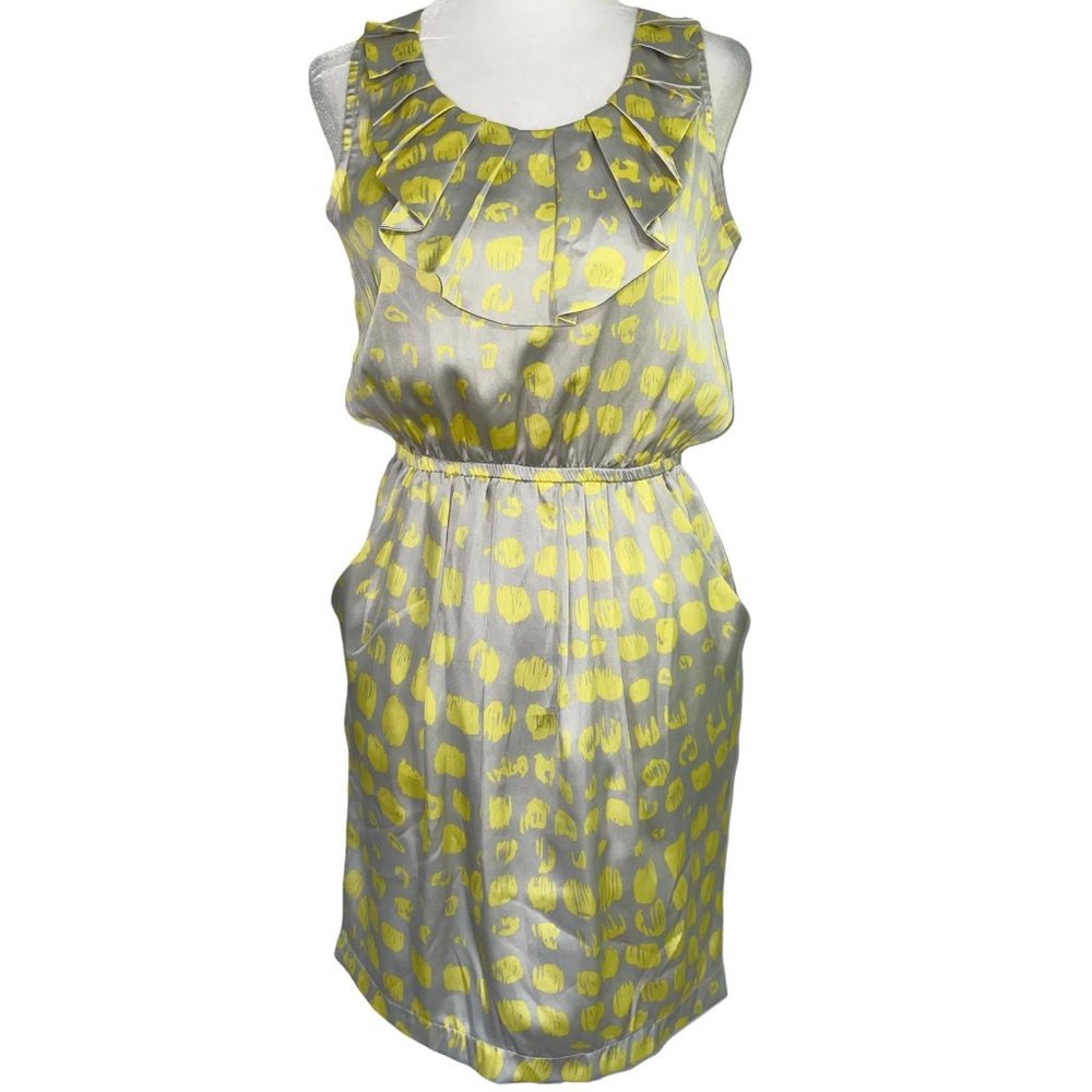 New Emmelee Dot Print Satin Ruffle Sleeveless Mini Dress Yellow Grey Size Small